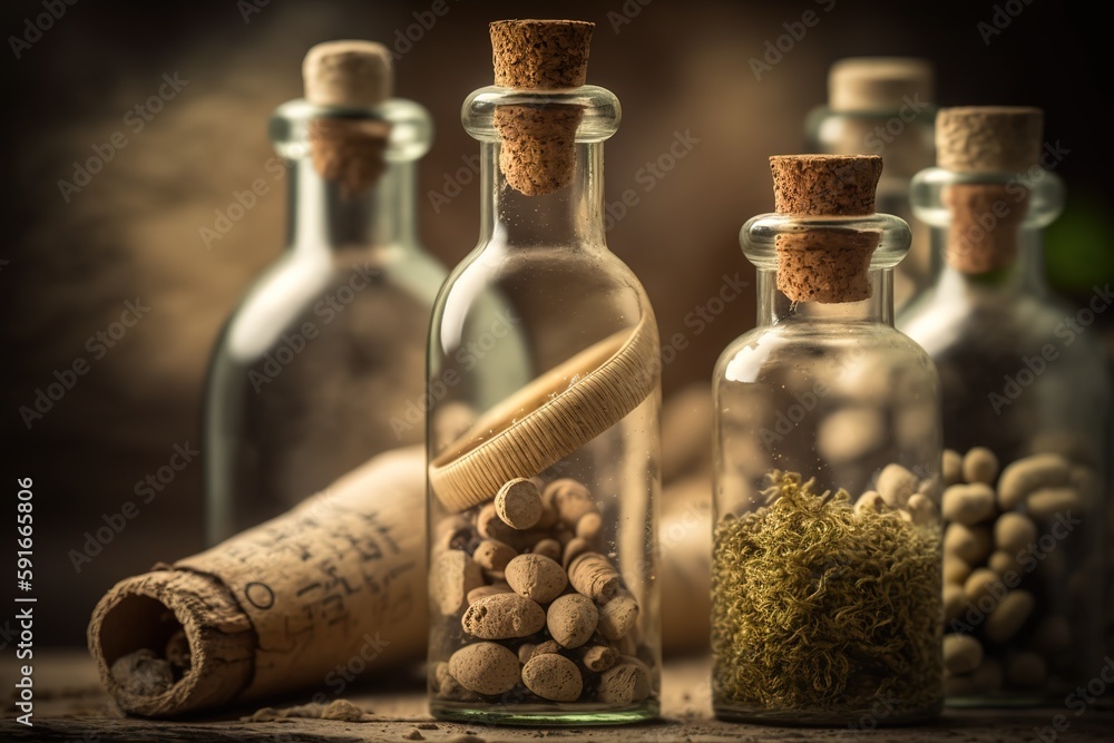 Aufkleber close-up of a row of empty glass bottles with corks, isolated on a hazy backdrop. generative ai
