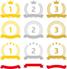 金、銀、銅の月桂冠のフレームとりぼんのランキング素材のセット
