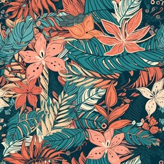Naklejka na ściany i meble Bring a touch of the tropics to your designs with this modern and colorful floral pattern. Featuring cute botanical elements in an abstract and contemporary seamless design. AI Generation