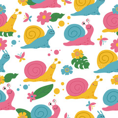Colourful seamless pattern with cute snails, leaves and butterflies. Funny vector design for clothes.