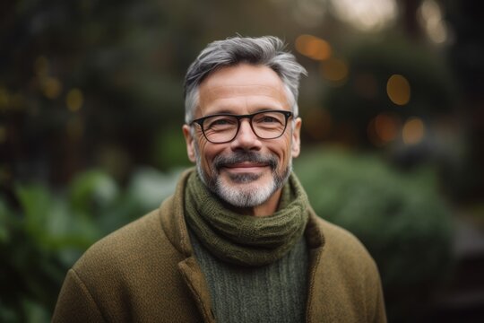 Lifestyle Portrait Photography Of A Grinning Man In His 50s Wearing A Cozy Sweater Against A Garden Or Botanical Background. Generative AI