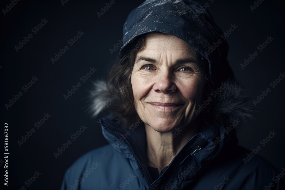 Sticker Portrait of senior woman in winter jacket and hat on dark background