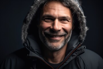 Portrait of a smiling mature man in winter jacket on black background