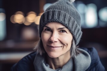 Portrait of a smiling woman in a hat and scarf in a cafe