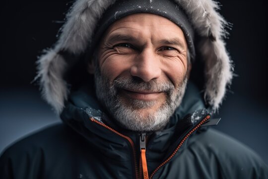Portrait of a smiling senior man in winter jacket and hat.