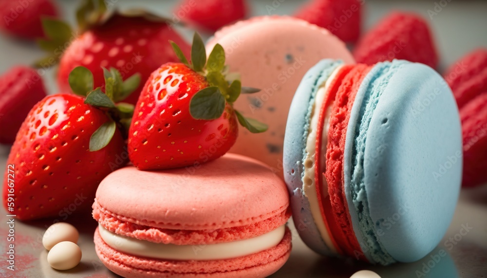 Poster strawberry and macaron closeup generative ai