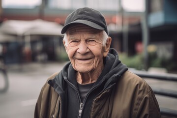 Portrait of an elderly man in a cap on the street.