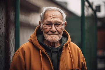 Portrait of an old man in a yellow jacket and glasses.
