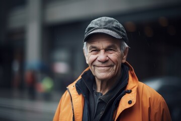Portrait of an elderly man in an orange coat on the street