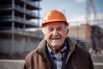 Portrait of smiling senior man in hardhat on construction site.