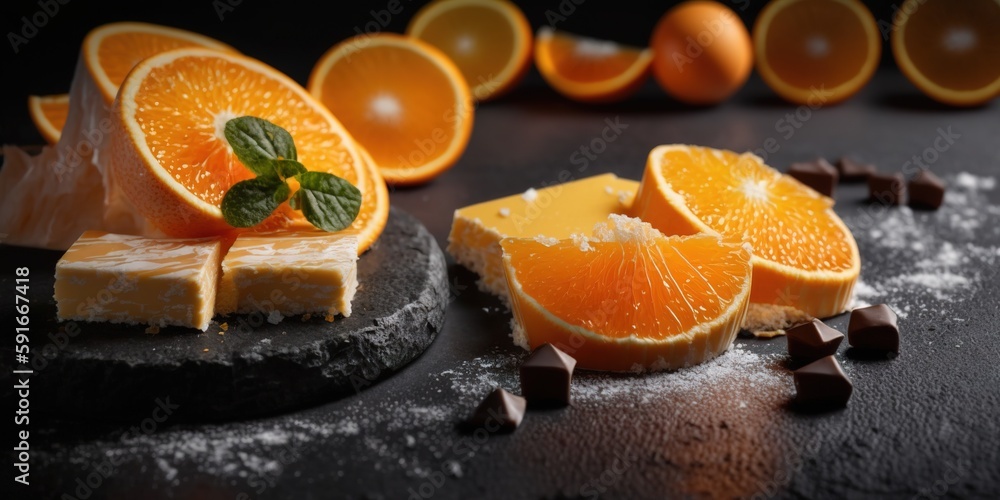 Aufkleber a close-up of orange slices and cake chunks sitting on a table in the shadows. generative ai