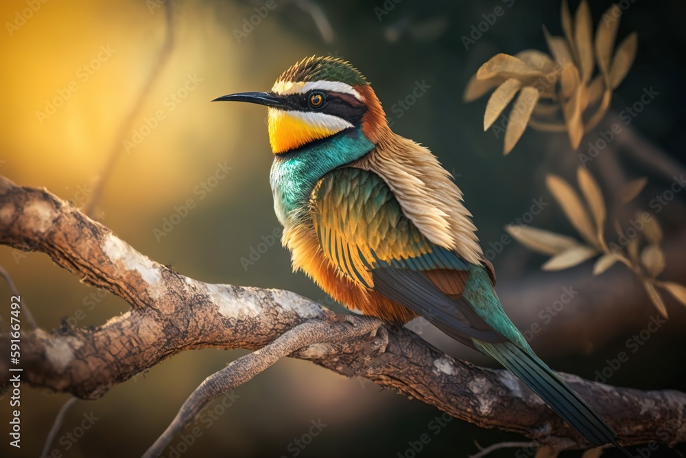 Poster birder's eye view of a bee-eater perched on a branch in direct sunshine generative ai