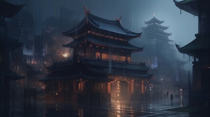 Cyberpunk Japanese temple abstract illustration background art