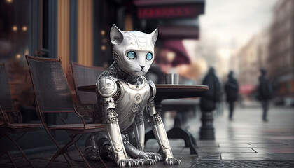 AI Robot cat sitting in front of coffeehouse