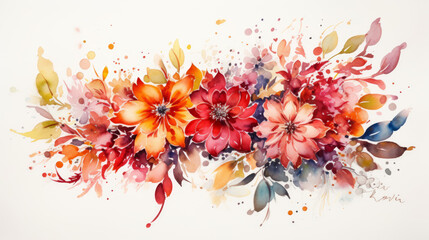 colorful watercolor flowers on white background, in the style of dark orange and dark maroon. Generative AI Art Illustration