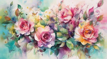 watercolor roses, in the style of light pink and light emerald. Generative AI Art Illustration