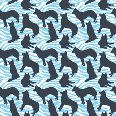 Dog silhouettes pattern fabric. Elegant, soft seamless background, abstract background with husky dog shapes for Dog Lovers. Blue and white creative zebra. Birthday present wrapping paper. Sea motives
