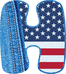 Vector - The Letter H with the texture of blue denim fabric and US flag -  Initial H with jean fabric and American flag- jean fabric english alphabet A to Z - obrazy, fototapety, plakaty
