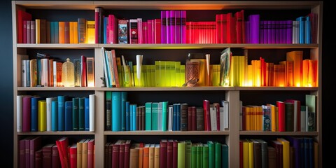 Home library shelf with colorful books, concept of Personal library and Colorful books, created with Generative AI technology