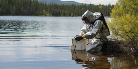 scientist in protective suite taking water samples from lake, concept of Environmental monitoring and Personal protective equipment, created with Generative AI technology