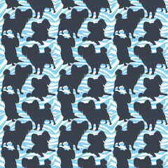 Obraz na płótnie Canvas Dog silhouettes pattern fabric. Elegant, soft seamless background, abstract background with Papillon little dog shapes for Dog Lovers. Blue and white creative zebra. Birthday present wrapping paper.