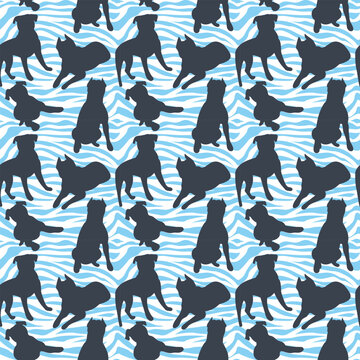 Dog silhouettes pattern fabric. Elegant, soft seamless background, abstract background with Pitbull dog shapes for Dog Lovers. Blue and white creative zebra. Birthday present wrapping paper. Simple.