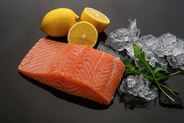 piece of salmon with lemon and ice for restaurant menu