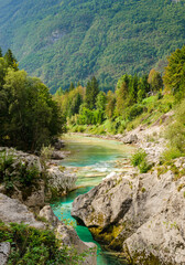 Fototapeta na wymiar Beautiful turquoise Soca river in a forest with mountains in Slovenia. Perfect summer day.