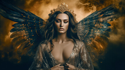 Marvelous woman angel with massive wings. digital ai art - obrazy, fototapety, plakaty