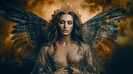 Vlies Fototapete Seoel Marvelous woman angel with massive wings. digital ai art