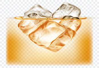 Several big translucent ice cubes floating in the water or whiskey. Isolated on transparent background. Vector illustration in yellow colors. Transparency only in vector format