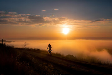 Cyclist riding bicycle at sunset in fields outdoors, AI generative