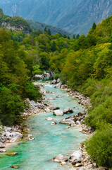 Fototapeta na wymiar Beautiful turquoise Soca river valley in a forest with mountains in Slovenia. Perfect summer day.