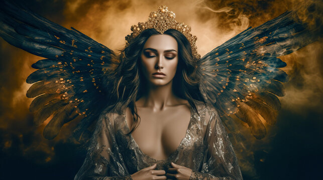 Marvelous woman angel with massive wings. digital ai art