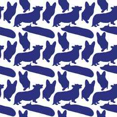 Funny pattern with dog silhouette. Clean seamless background, abstract background with corgi pet shapes. Birthday present, simple plain wrapping paper. Clean style, colorful, for sewing project, hand