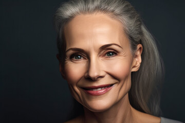 Fototapeta premium Portrait of an attractive elderly woman with grey hair smiling. Generative ai.
