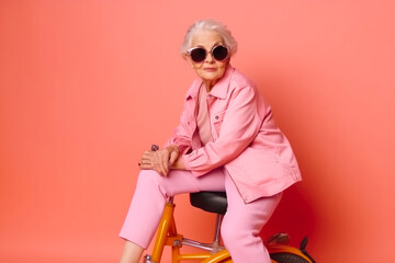 Elderly woman wearing stylish and colorful modern clothes; sitting on bicycle. Generative ai.