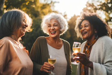 Diverse group of senior women having fun, smiling. Generative ai.