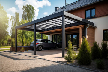 Fototapeta Modern steel carport in a family home. Modern house in the back. Generative ai. obraz