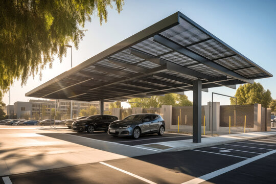 Modern solar carport for public vehicle parking site. Generative ai.