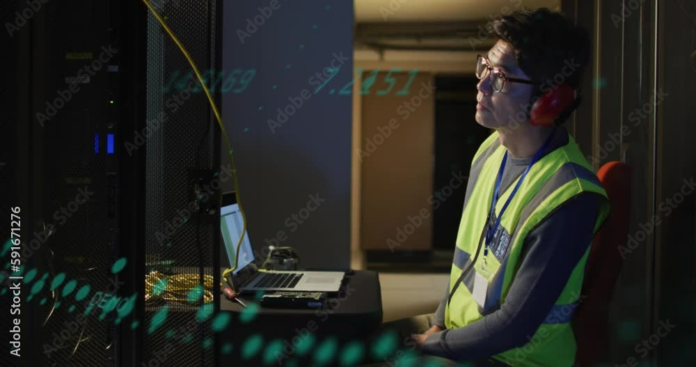 Poster animation of data processing against asian male engineer using laptop at computer server room