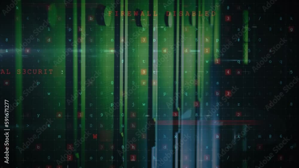Poster animation of cyber security data processing and light spot against computer server room