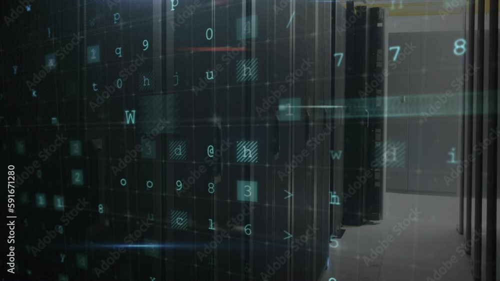 Poster animation of cyber security data processing against computer server room