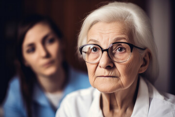 Portrait of senior woman and her caregiver. Generative ai.