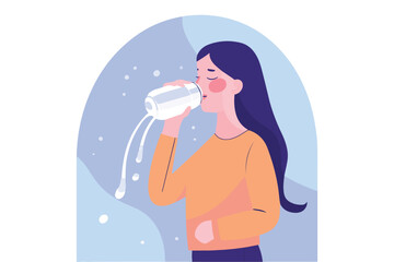 A woman drinking milk from a bottle and also a girl drinking water vector flat illustration