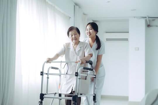 Portrait of senior Asian woman and her caregiver in nursing home. Generative ai.