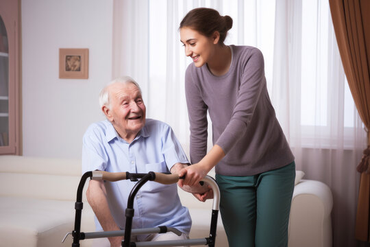 Life in a nursing home, elderly citizen and caregiver. Generative ai.