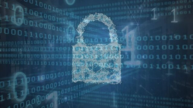 Animation of security padlock icon and binary coding data processing against computer server room