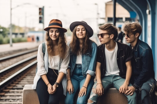 A group of friends waiting at train or subway station. Generative ai.