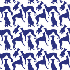 Dog silhouettes pattern fabric. Elegant, soft seamless background, abstract background with Greyhound dog shapes on a white background. Birthday present, simple plain wrapping paper. Clean style